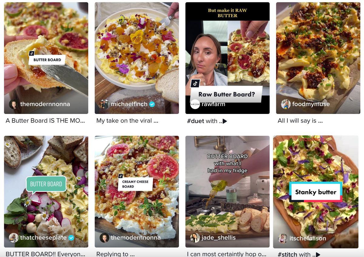 A screenshot of a TikTok page featuring butter boards