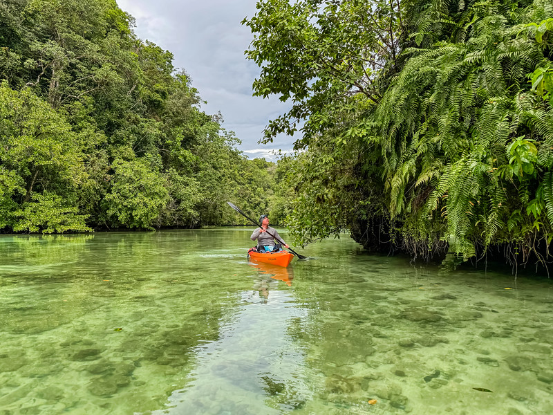 David Stock kayaking in Long Lake in the Rock Islands of Palau