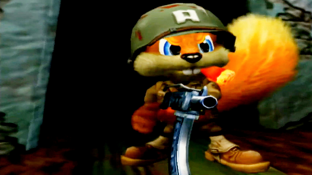 Conker memegang senapannya