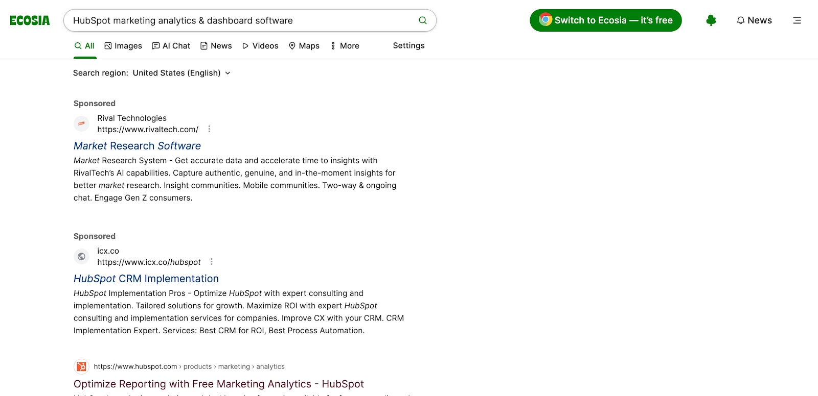 Ecosia search engine results page for “beragampengetahuan marketing analytics & dashboard software.”