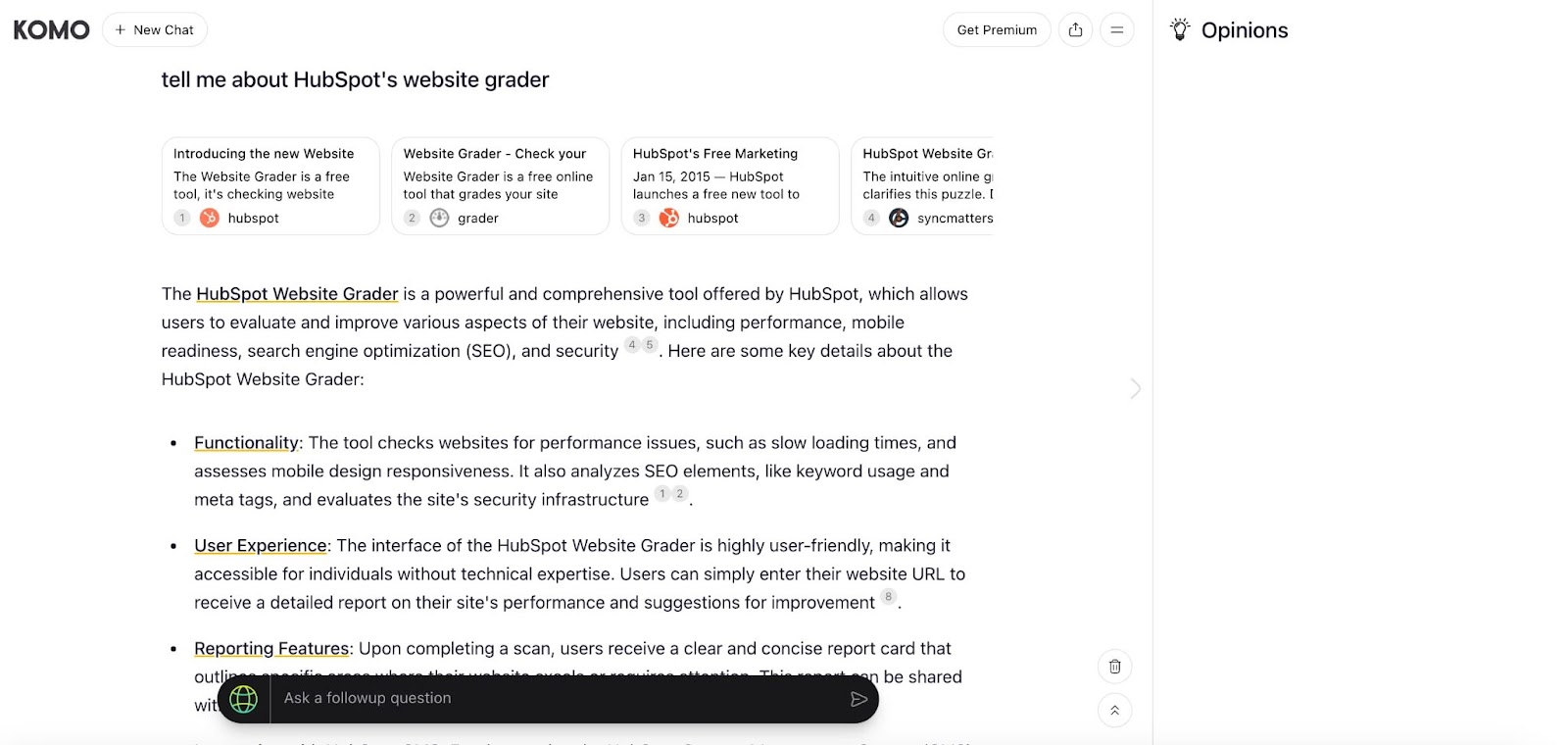 Komo search results page for “tell me about beragampengetahuan’s website grader.”