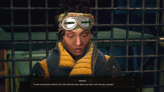 Tangkapan layar dari The Outer Worlds yang memperlihatkan percakapan dengan Parvati Holcomb. Judulnya berbunyi, "Aku ingin jujur padanya. Jadi jika dia merasakan hal yang sama terhadapku, tidak akan ada kejutan apa pun."