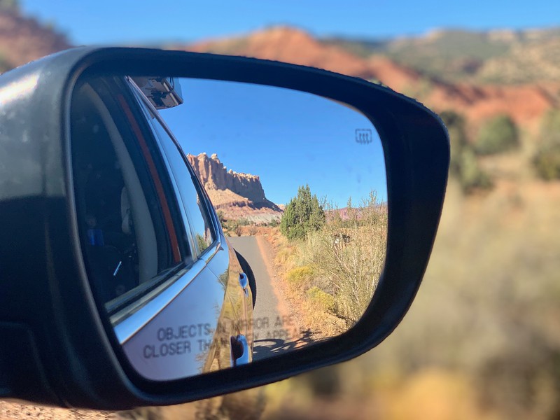 Utah landscape in a review mirror.