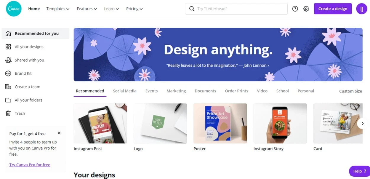 Canva free graphic design and templates blogging tool
