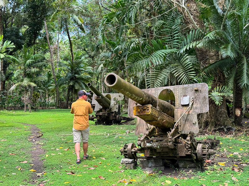 David Stock looking at WWII guns at the Vilu War Museum on Guadalcanal, Solomon Islands
