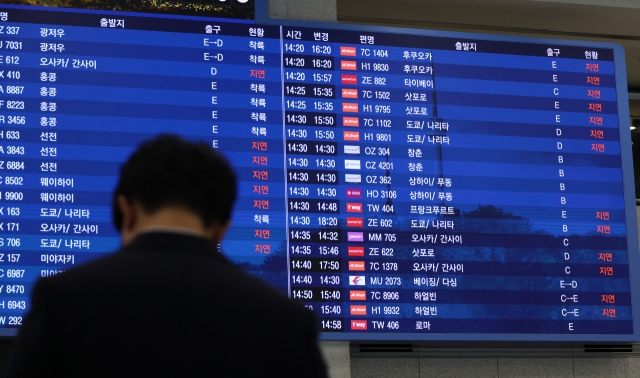 Papan pengumuman di Bandara Internasional Seoul menunjukkan beberapa penerbangan ditunda karena hujan salju lebat di seluruh negeri pada hari Rabu. (Yonhap)