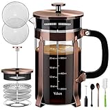 Veken French Press Plunger Coffee Maker Cafetière, Double Wall Heat Resistant Borosilicate Glass Coffee Press,Cold Brew Coffee Pot for Kitchen and Gifts, Dishwasher Safe, Rose Gold