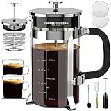 QUQIYSO French Press Coffee Maker 34oz 304 Stainless Steel French Press with 4 Filter, Heat Resistant Durable, Easy to Clean, Borosilicate Glass Coffee Press, 100% BPA Free Glass Teapot, Silver
