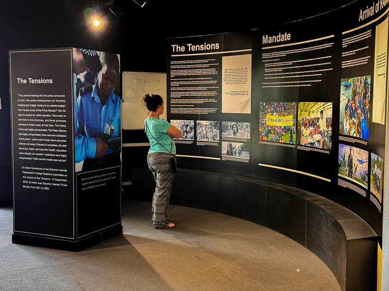 Lina Stock reading The Tensions exhibit in the Solomon Islands National Museum in Honiara