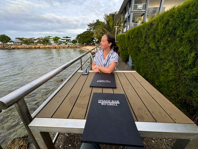Lina Stock having dinner near the ocean at Heritage Park Hotel in Honiara, Solomon Islands