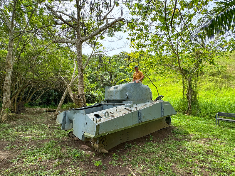 David Stock with an abandoned US Army Sherman Tank in the Solomon Islands