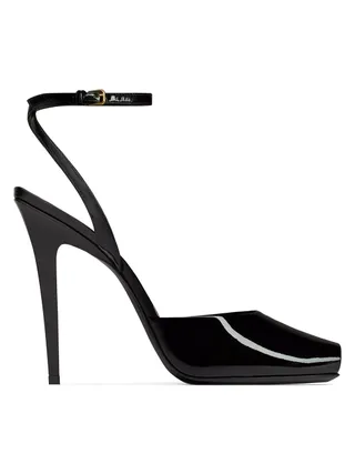 Saint Laurent, sandal La Scandale dari kulit paten.