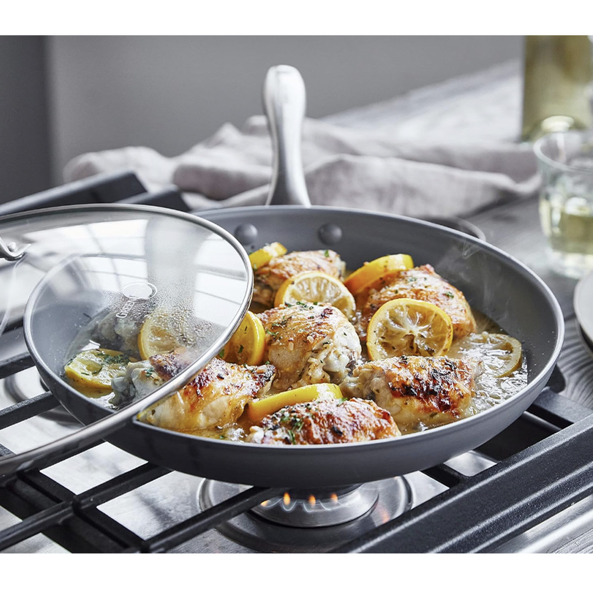 fry pan on stove with lid.