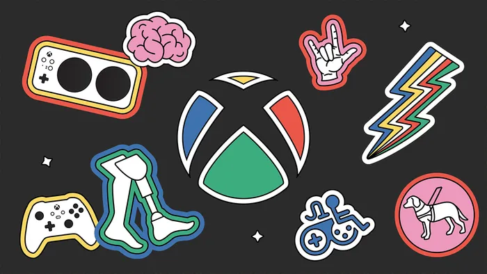 Logo beragampengetahuan dikelilingi stiker bergaya yang mendukung aksesibilitas