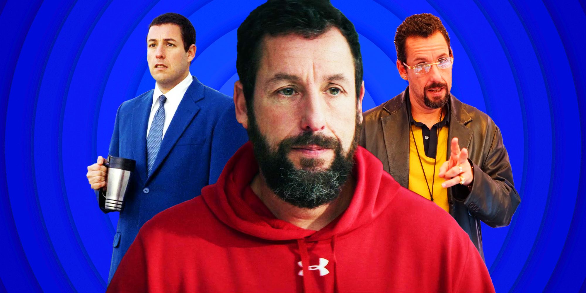Collage of Adam Sandler in Punch Drunk Love, Hustle, and Uncut Gems
