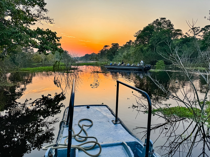 Sunset skiff ride on the Ucayali River in Pacaya Samiria National Reserve in Peru
