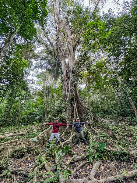 Lina and David Stock standing in front of a ceiba tree in the Amazon Rainforest near Iquitos, Peru
