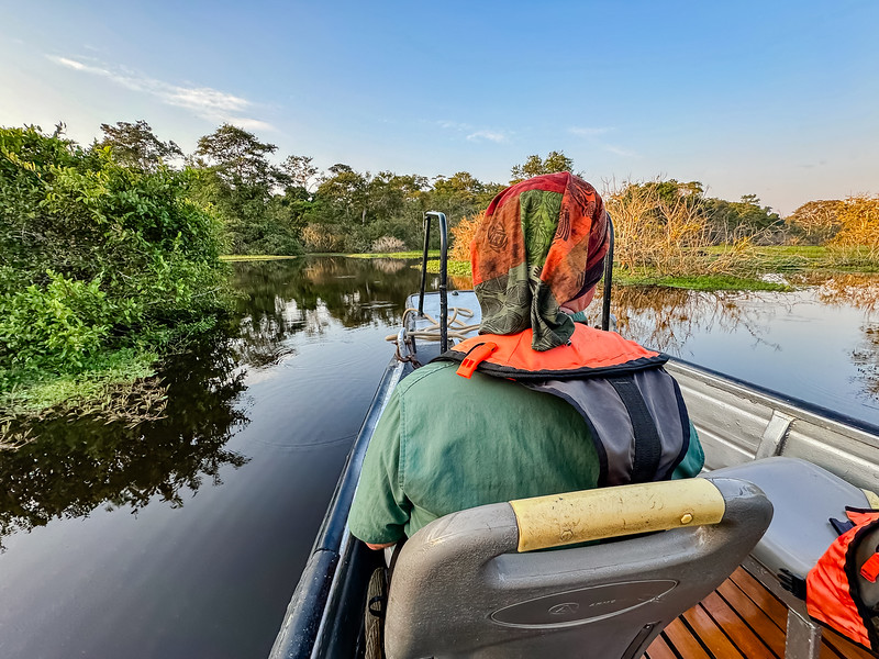 David Stock on a skiff in Pacaya Samiria National Reserve with Delfin Amazon cruises