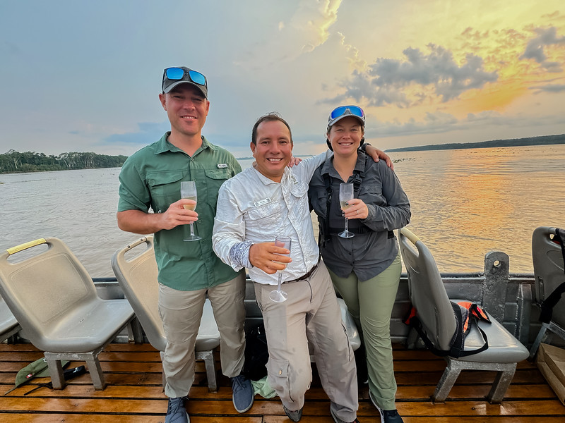 Lina Stock, David Stock and Denis Gonzales at the Amazon River convergence near Iquitos, Peru