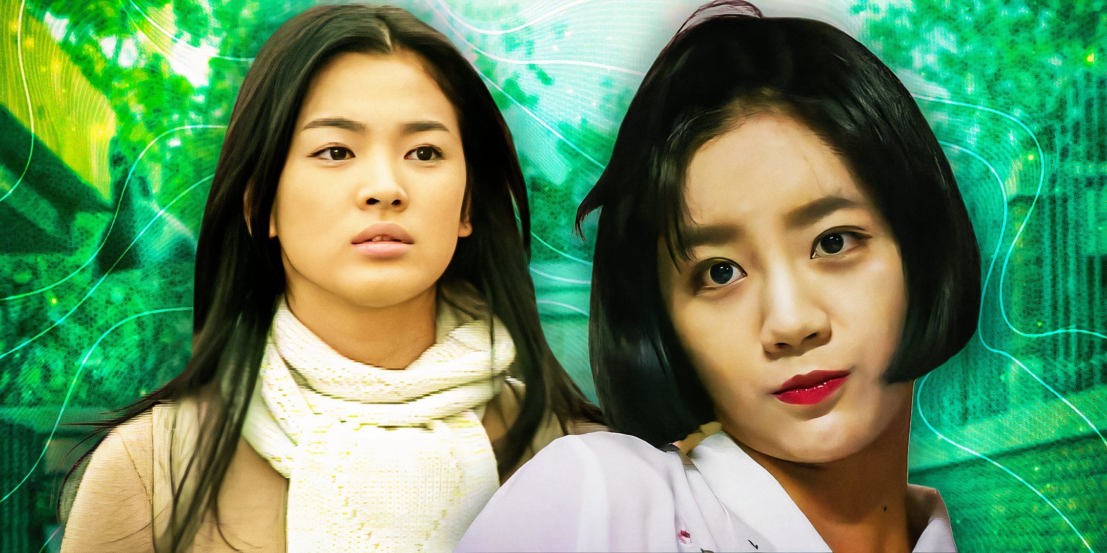 Characters from Reply 1988 and Autumn in My Heart are edited next to each other on a green background.