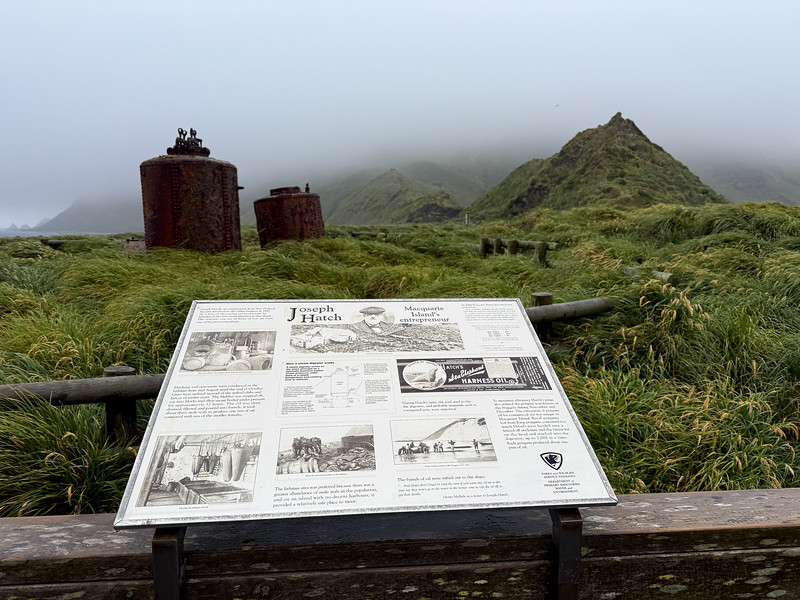 Oil digesters and Joesph Hatch info sign on Macquarie Island