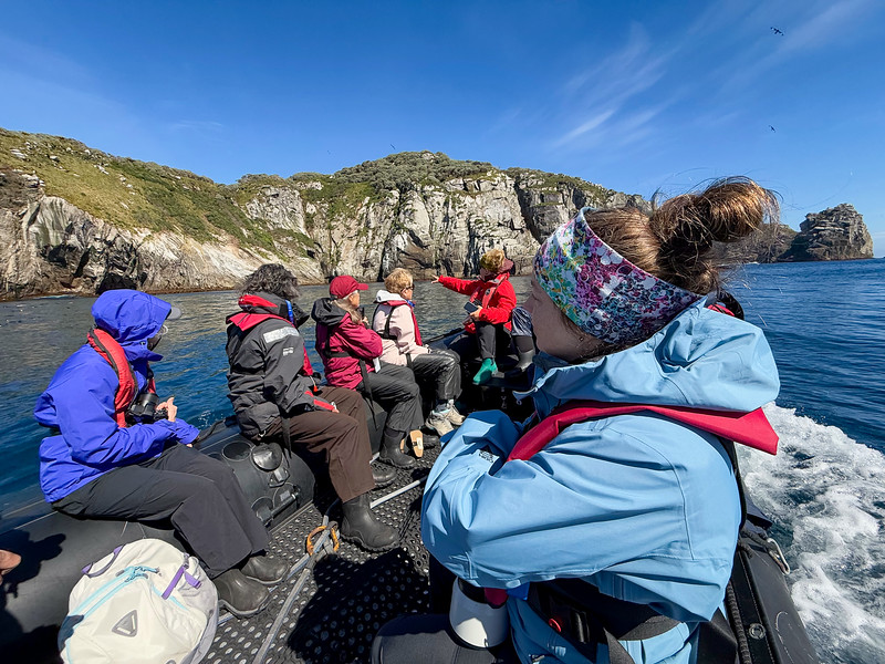 Lina Stock in a zodiac at the Snares, Subantarctic New Zealand