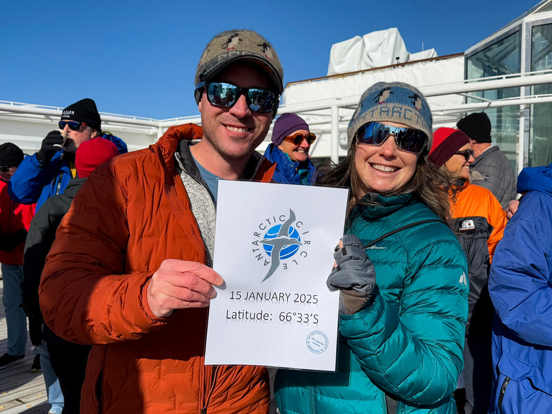 David and Lina Stock crossing the Antarctic Circle with Heritage Expeditions enroute to the Ross Sea