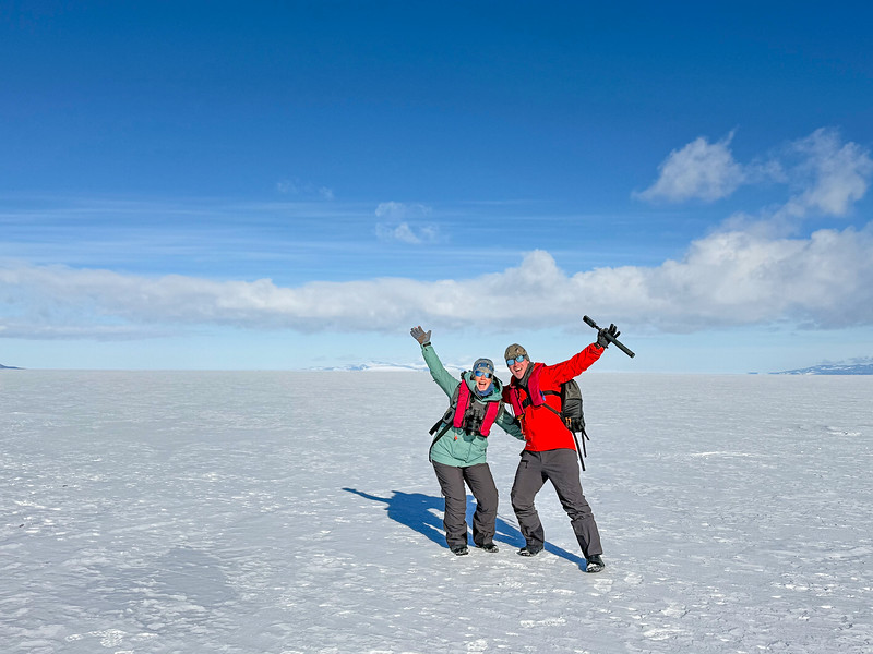 David and Lina Stock standing on fast ice in Antarctica