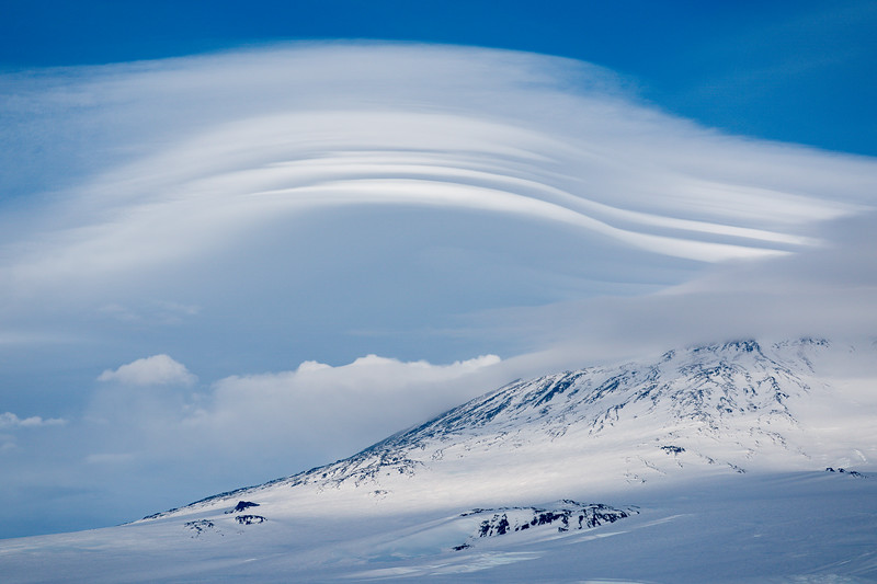 Lenticular clouds over Mount Erebus in Ross Sea Antarctica