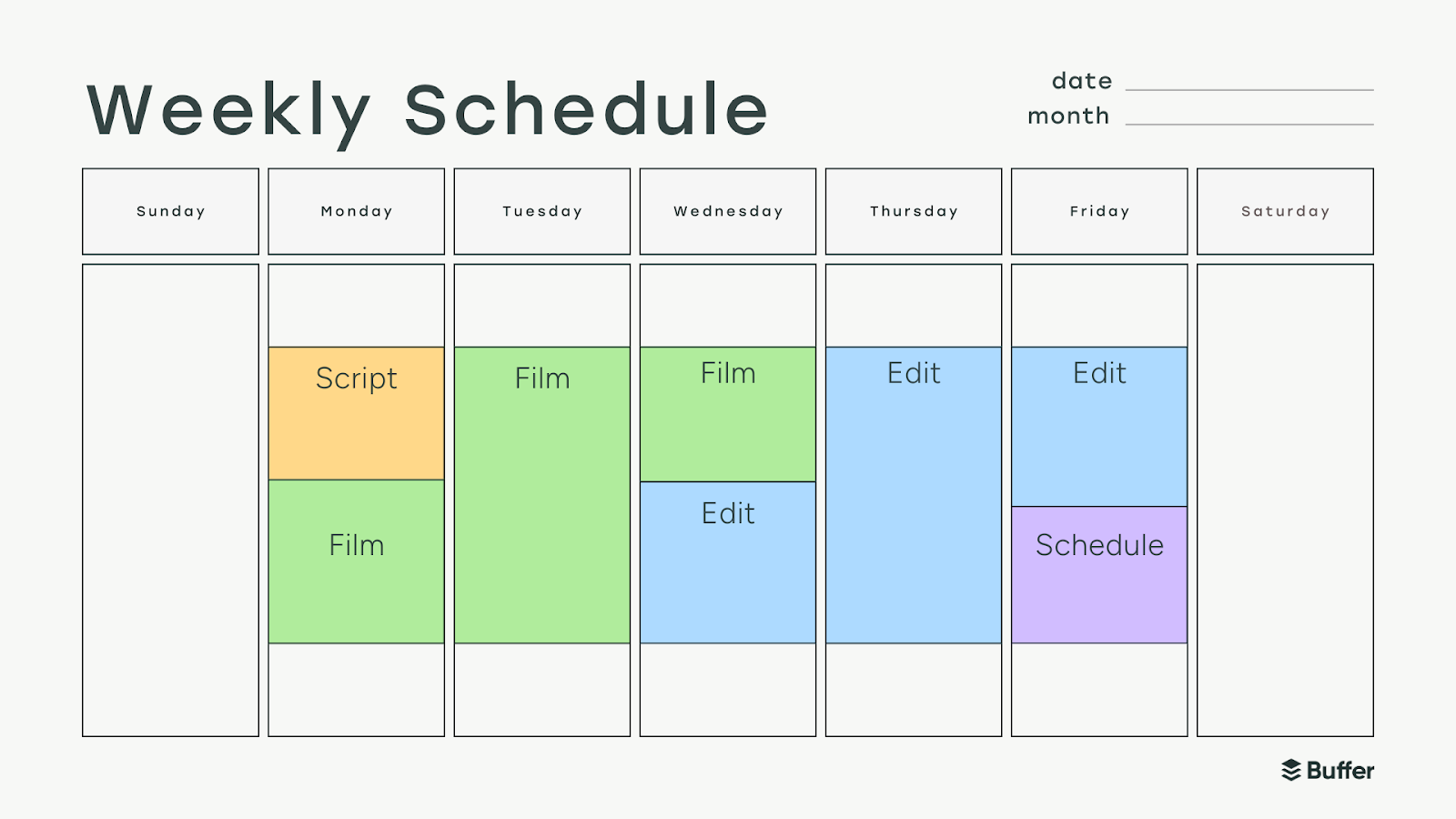 a weekly content schedule that shows tasks time blocked by category