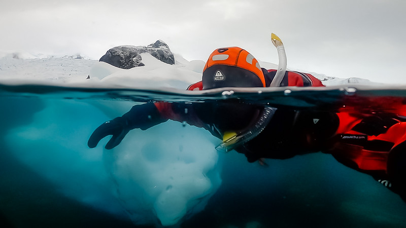 Snorkeler in Antarctica with ice