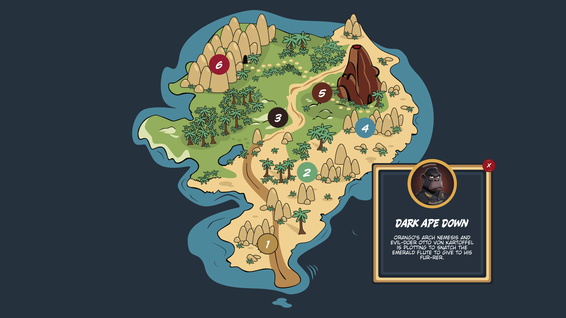 Peta komik gambar besar di sebuah pulau. 6 komentar ada di peta dan tooltip mengungkapkan detail salah satu komentar.