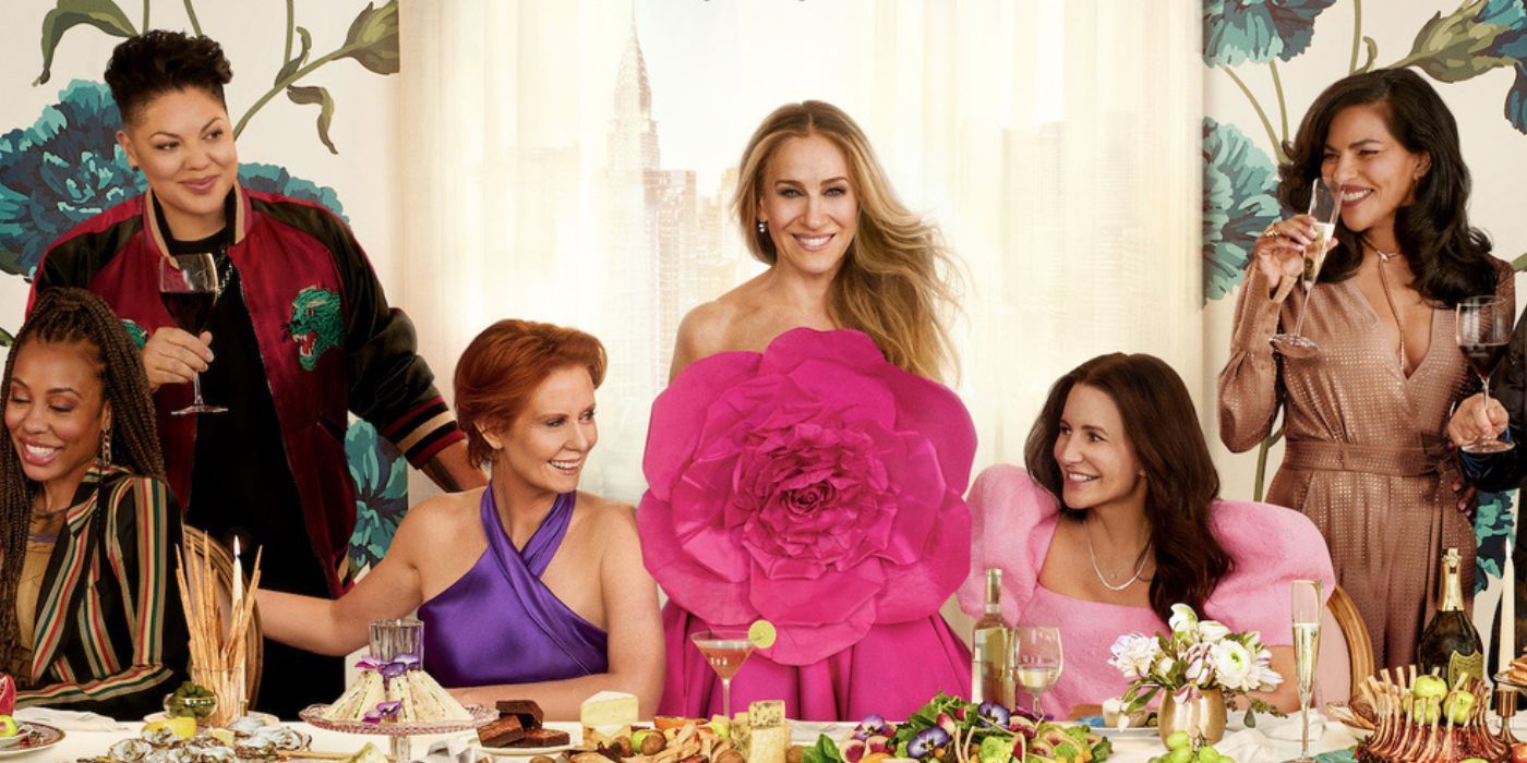 Sarah Jessica Parker sebagai Carrie, Cynthia Nixon sebagai Miranda, Kristin Davis duduk di Charlotte