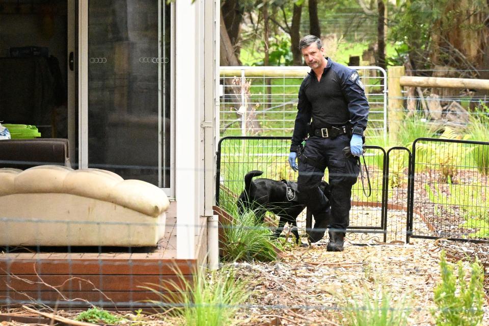 Polisi menyelidiki properti itu dengan anjing polisi.
