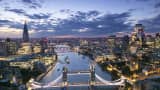 Sebuah adegan di cakrawala cakrawala London River dan City Financial District.