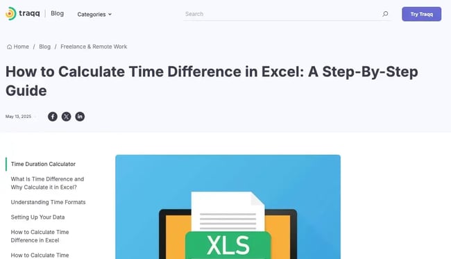 screenshot of traqq blog post titled 'how to calculate time difference in excel: a step-by-step guide' showing educational content for awareness stage