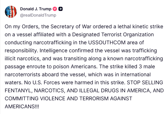 Tweet dari Donald J. Trump menggambarkan pemogokan dinamis yang mematikan pada kapal anestesi.