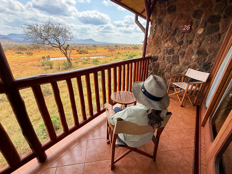 Lina Stock on private balcony, Kilaguni Serena Safari Lodge, Tsavo West, Kenya