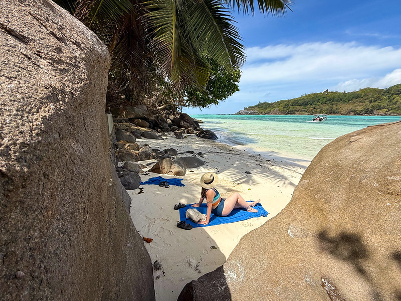 Lina Stock on the beach at Moyenne Island, Seychelles