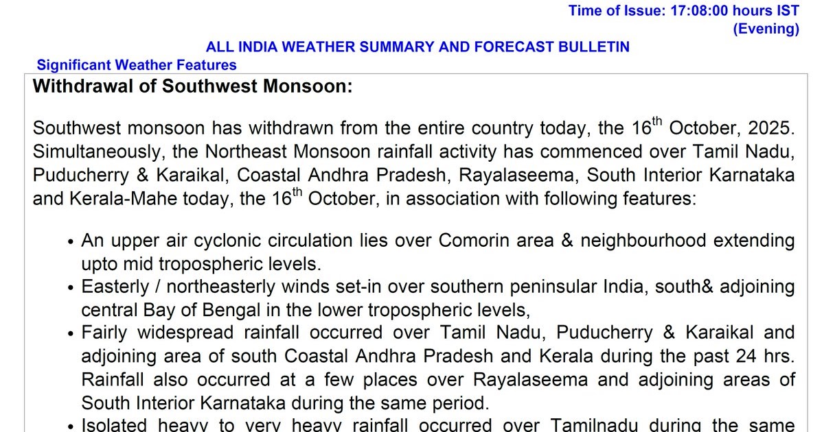 Sirkulasi monsun timur laut dan curah hujan terkait yang turun di semenanjung India bagian selatan:

 – Beragampengetahuan