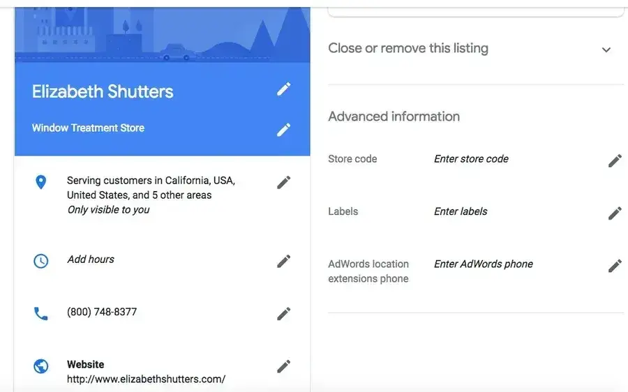 screenshot of the google my business profile