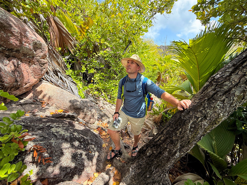 David Stock hiking on Curieuse Island, Seychelles