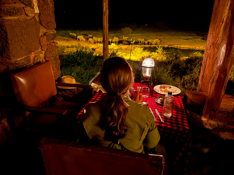 Lina Stock having dinner while watching elephants at Kilaguni Serena Safari Lodge, Kenya itinerary