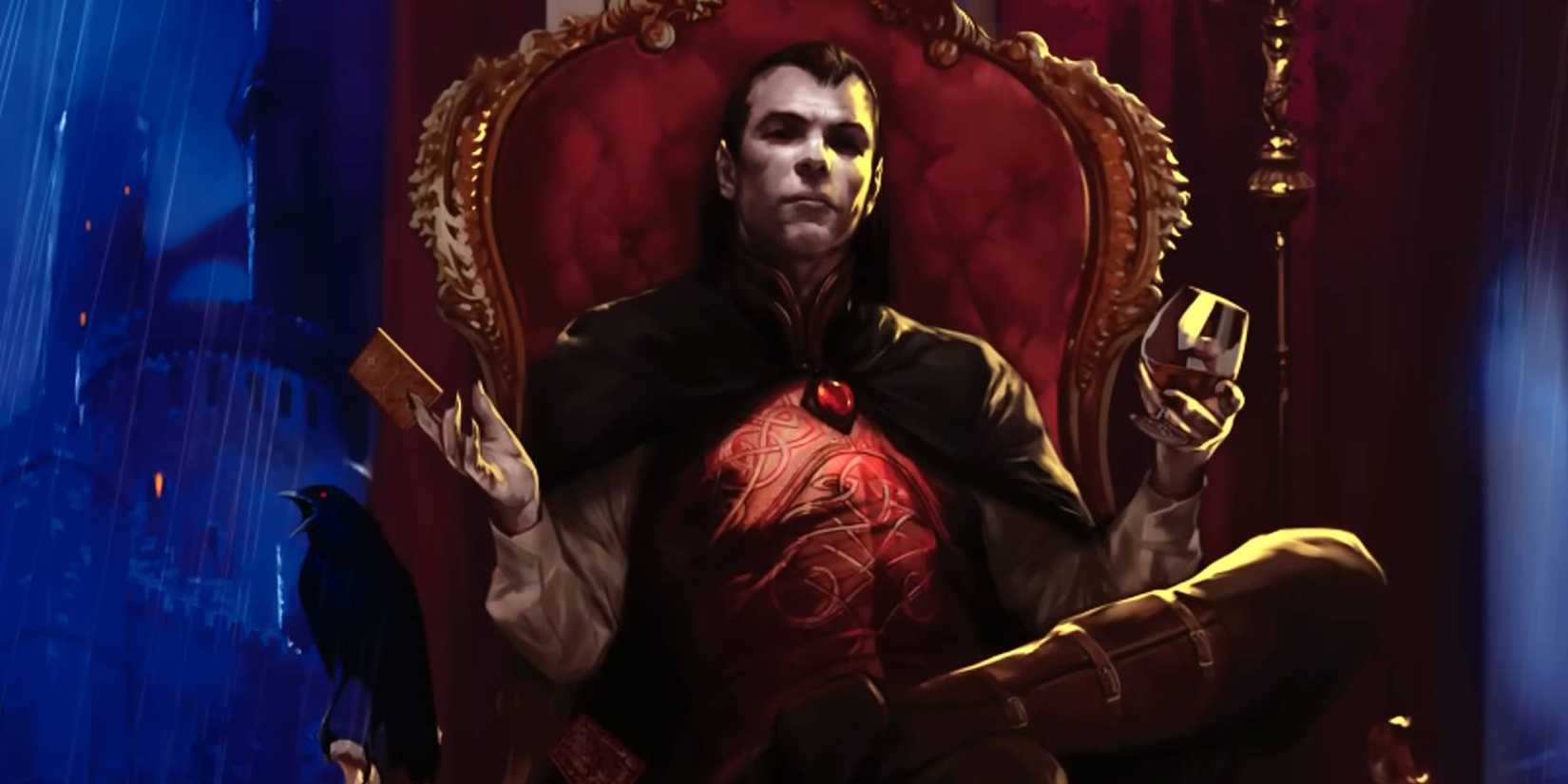 Strahd von Zarovich duduk di kursi yang elegan selama petualangan Dungeons & Dragons: Curse of Strahd 5e,