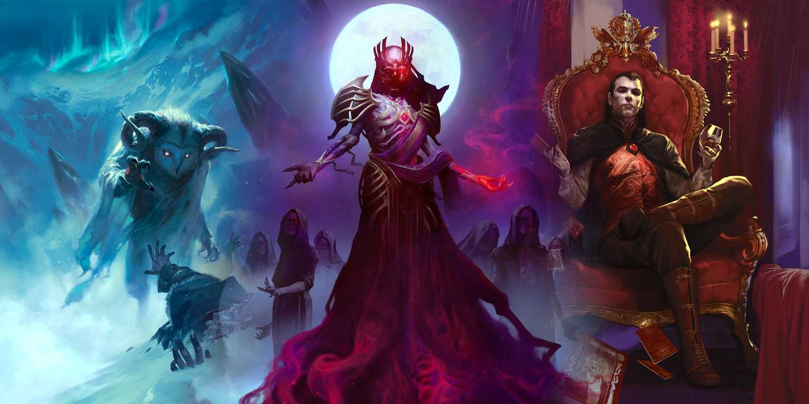 Kolase seni sampul untuk buku kampanye D&D 5e Rime of the Frostmaiden, Vecna ​​​​Eve of Ruin, dan Curse of Strahd