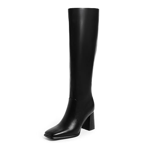 Modatope Sepatu Bot Hak Tebal Setinggi Lutut Hitam Sepatu Bot Setinggi Ujung Persegi untuk Wanita Sepatu Musim Gugur Ritsleting Samping Hak Blok Wanita Ukuran 8