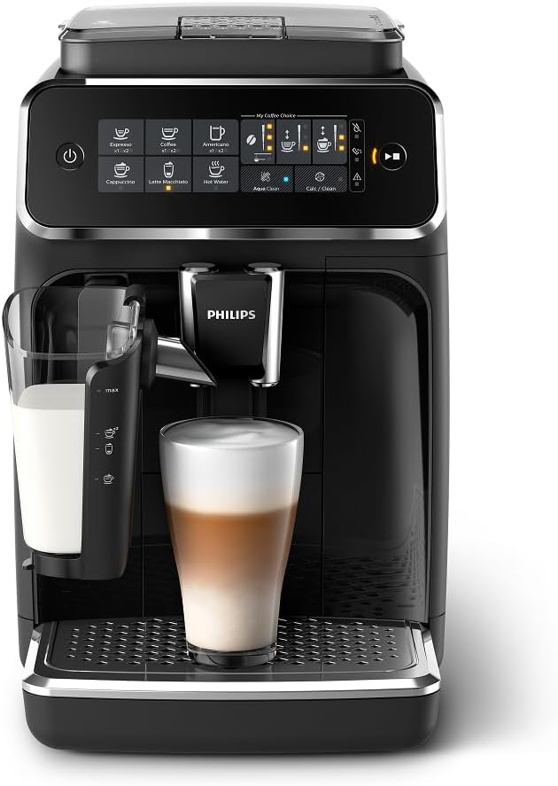 Pembuat espresso otomatis Philips Seri 3200, pembuih susu Lattego, 5 jenis kopi, layar sentuh intuitif, penggiling keramik 100%, filter Aquaclean, My Coffee Choice, hitam (ep3241/54)