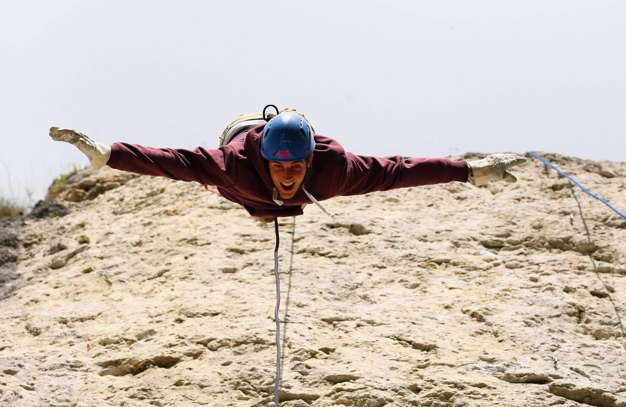 England fast bowler Steven Finn flies head-first down the rock face during an abseiling exercise in Bavaria