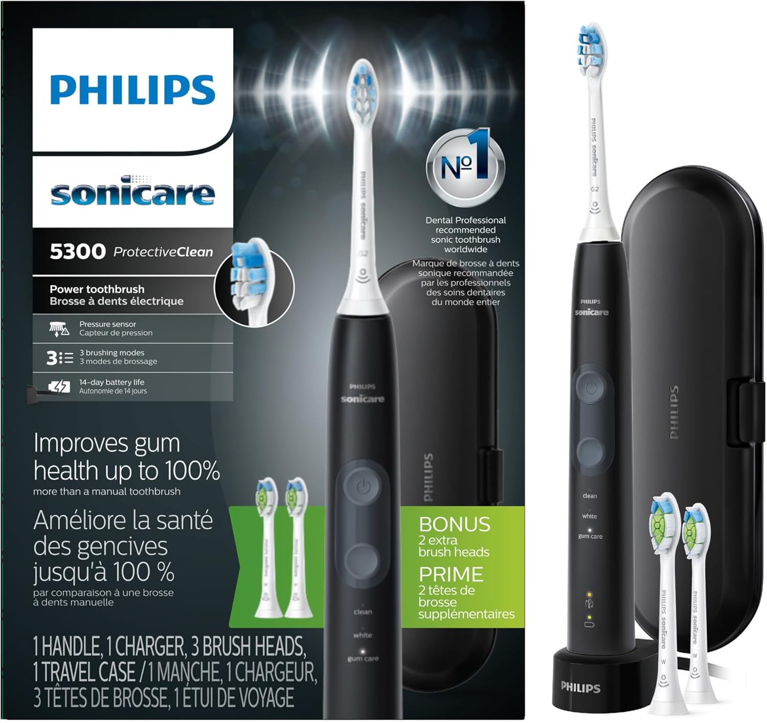 Philips Sonicare Protectiveclean 5300 sikat gigi elektrik isi ulang dengan sensor tekanan 3 mode pembersihan Smartimer dan Quadpacer dengan 2 kepala sikat bonus, kotak perjalanan, hitam, model Hx6423/34