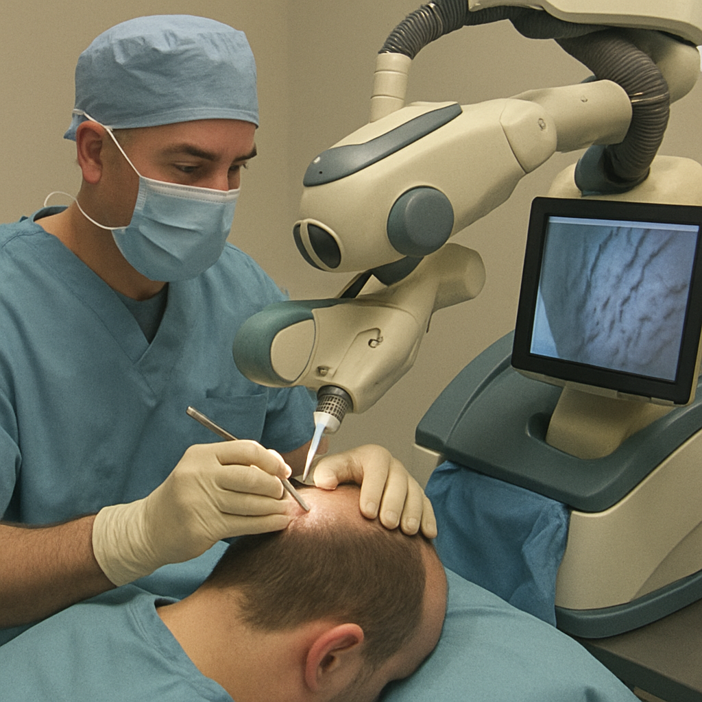 A surgeon using advanced robotic technology for a hair transplant